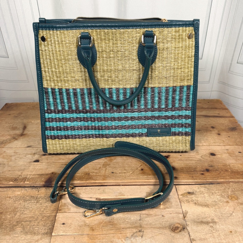 Chiara Ferretti Italian Leather Woven Raffia Striped Satchel Crossbody Tote Bag